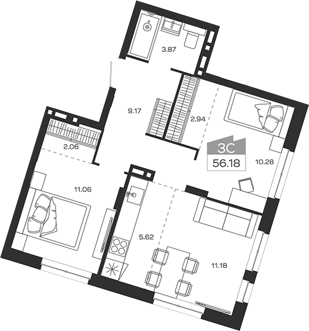 Планировка 3е-к.кв 56.18 м² в ЖК «Базилик»