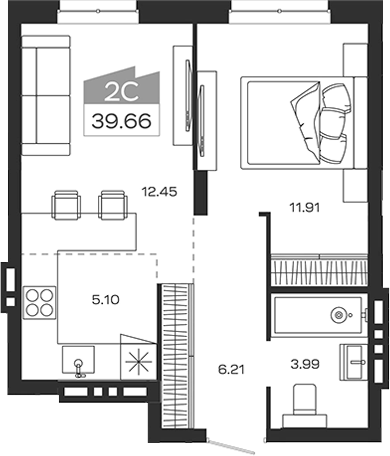 Планировка 2е-к.кв 39.66 м² в ЖК «Базилик»