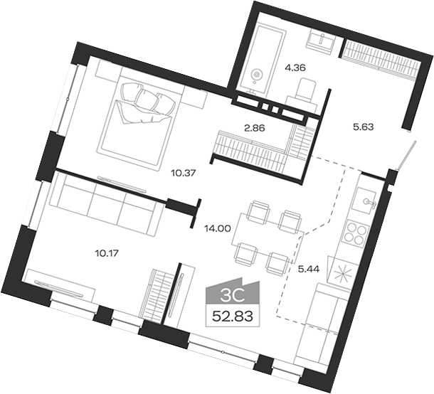Планировка 3е-к.кв 52.83 м² в ЖК «Базилик»