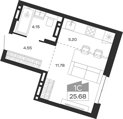 Планировка студии 25.68 м² в ЖК «Базилик»
