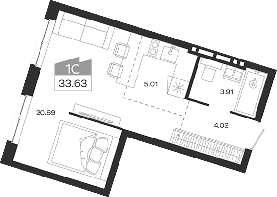 Планировка студии 33.63 м² в ЖК «Базилик»