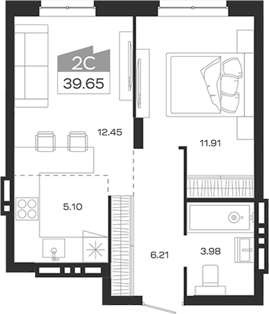 Планировка 2е-к.кв 39.65 м² в ЖК «Базилик»