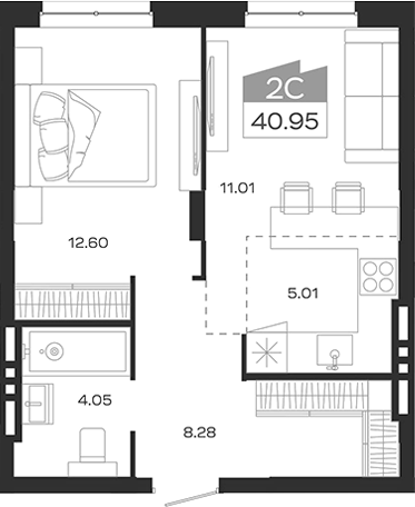 Планировка 2е-к.кв 40.95 м² в ЖК «Базилик»
