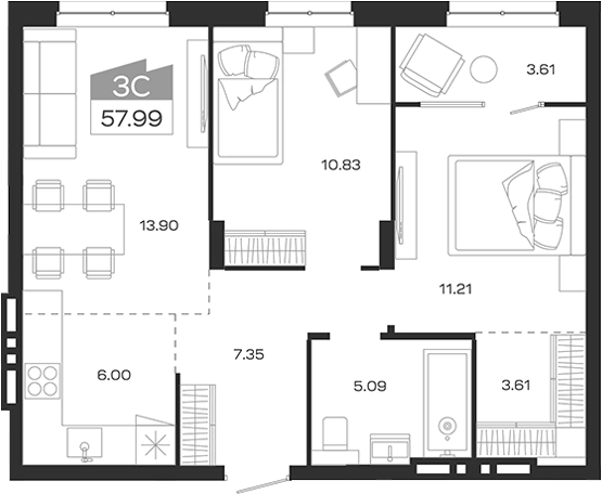 Планировка 3е-к.кв 57.99 м² в ЖК «Базилик»