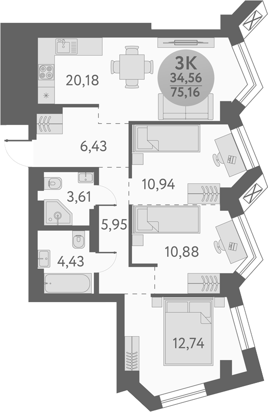 Планировка 3-к.кв 75.16 м² в ЖК «Урбан Пикс»