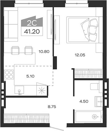 Планировка 2е-к.кв 41.20 м² в ЖК «Базилик»