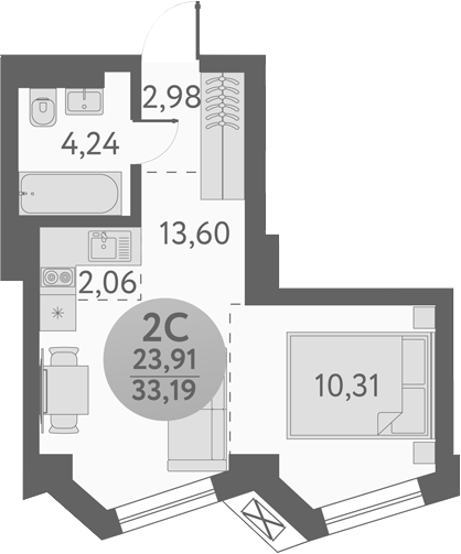 Планировка 2е-к.кв 33.19 м² в ЖК «Урбан Пикс»