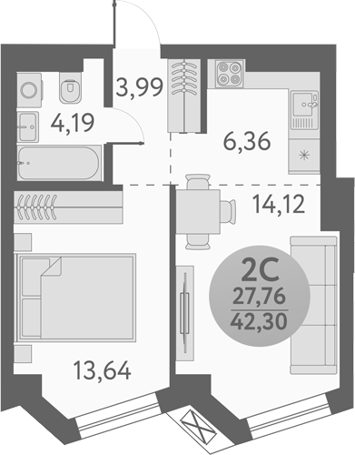 Планировка 2е-к.кв 42.30 м² в ЖК «Урбан Пикс»