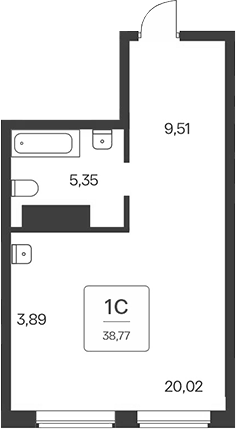 Планировка студии 38.77 м² в ЖК «Тайм Парк апартаменты»