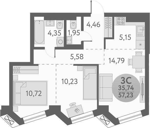 Планировка 3е-к.кв 57.23 м² в ЖК «Урбан Пикс»