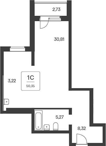 Планировка студии 47.62 м² в ЖК «Тайм Парк апартаменты»