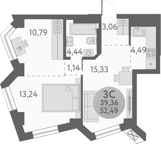 Планировка 3е-к.кв 52.49 м² в ЖК «Урбан Пикс»
