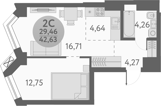 Планировка 2е-к.кв 42.63 м² в ЖК «Урбан Пикс»