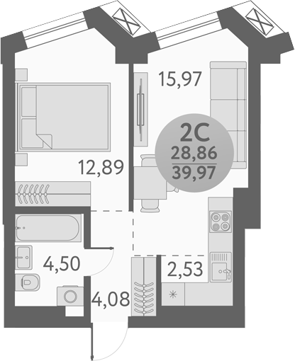 Планировка 2е-к. квартира 39.97 м² в ЖК «Урбан Пикс»