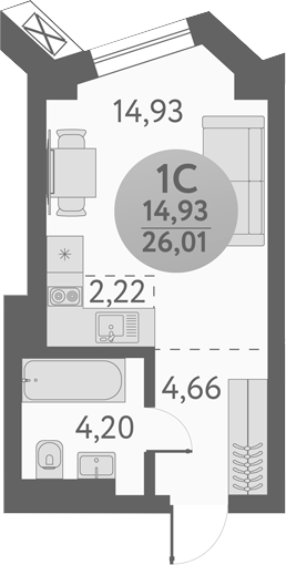 Планировка студии 26.01 м² в ЖК «Урбан Пикс»