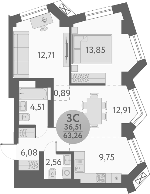Планировка 3е-к.кв 63.26 м² в ЖК «Урбан Пикс»