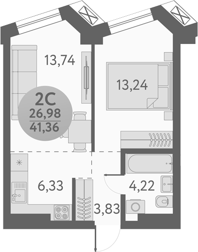 Планировка 2е-к.кв 41.36 м² в ЖК «Урбан Пикс»