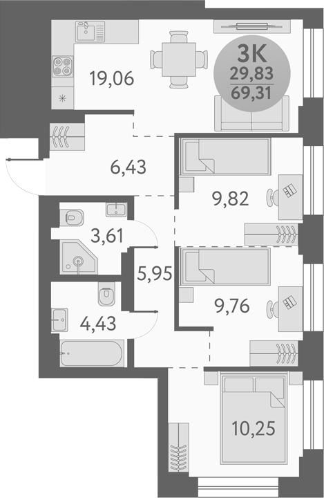 Планировка 3-к.кв 69.31 м² в ЖК «Урбан Пикс»