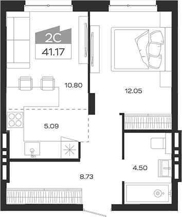 Планировка 2е-к.кв 41.17 м² в ЖК «Базилик»