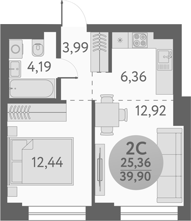 Планировка 2е-к.кв 39.90 м² в ЖК «Урбан Пикс»