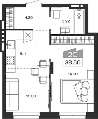 Планировка 2е-к.кв 38.56 м² в ЖК «Базилик»