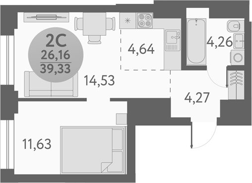Планировка 2е-к.кв 39.33 м² в ЖК «Урбан Пикс»
