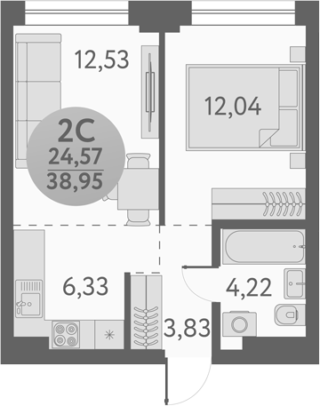 Планировка 2е-к. квартира 38.95 м² в ЖК «Урбан Пикс»