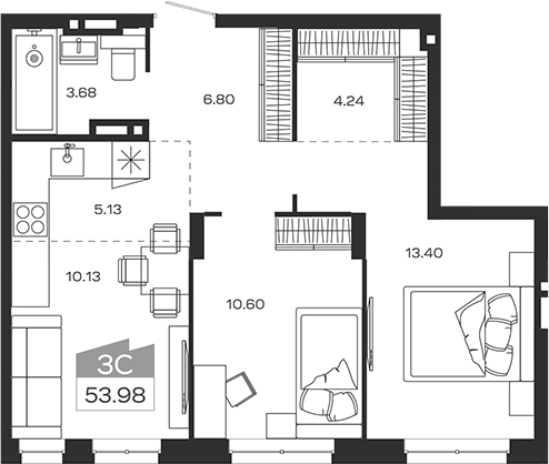 Планировка 3е-к.кв 53.98 м² в ЖК «Базилик»