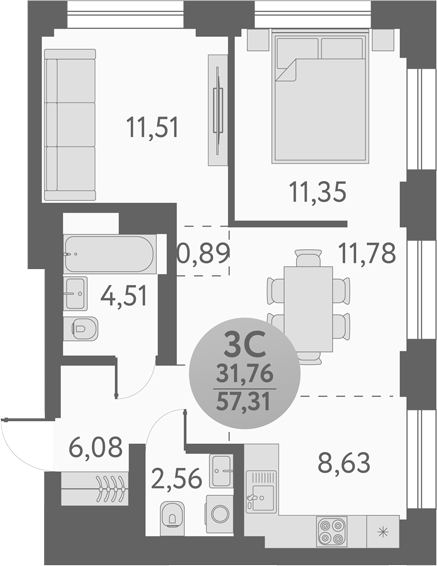 Планировка 3е-к.кв 57.31 м² в ЖК «Урбан Пикс»