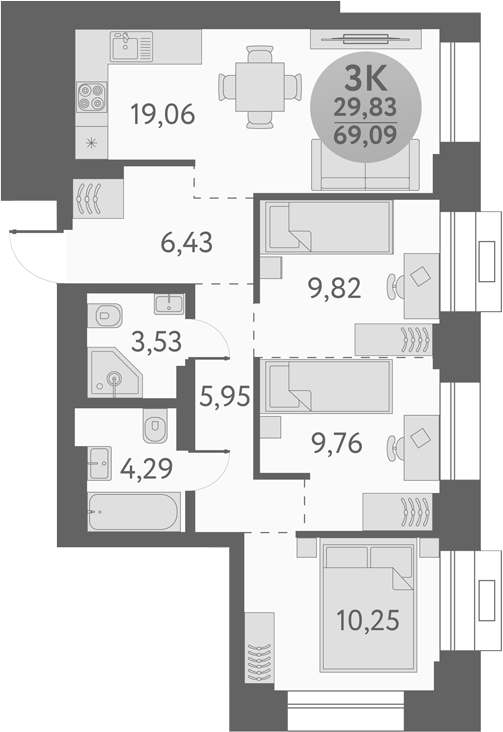Планировка 3-к.кв 69.09 м² в ЖК «Урбан Пикс»