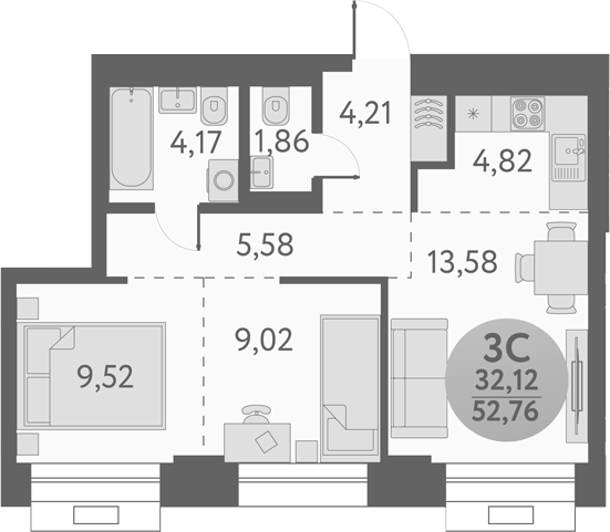 Планировка 3е-к.кв 52.76 м² в ЖК «Урбан Пикс»