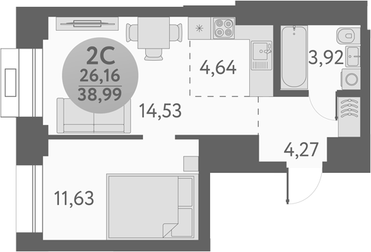 Планировка 2е-к.кв 38.99 м² в ЖК «Урбан Пикс»