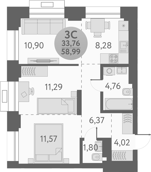 Планировка 3е-к.кв 58.99 м² в ЖК «Урбан Пикс»