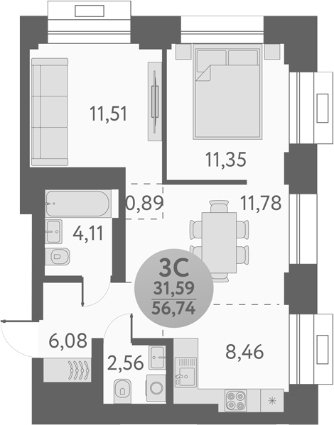 Планировка 3е-к.кв 56.74 м² в ЖК «Урбан Пикс»
