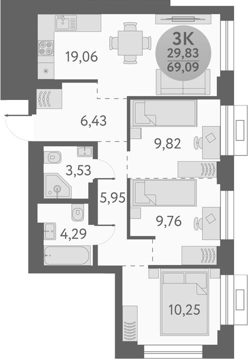 Планировка 3-к.кв 69.09 м² в ЖК «Урбан Пикс»