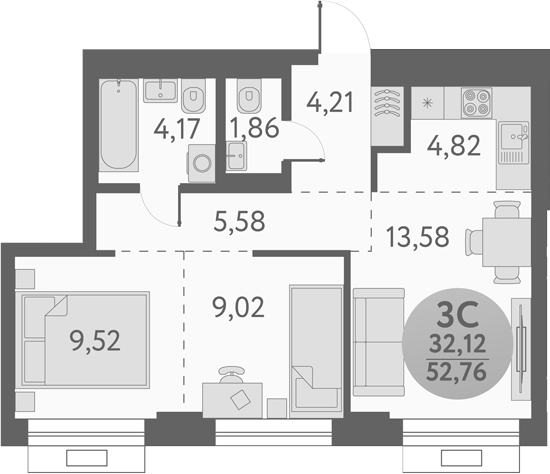 Планировка 3е-к.кв 52.76 м² в ЖК «Урбан Пикс»