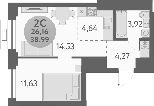 Планировка 2е-к.кв 38.99 м² в ЖК «Урбан Пикс»