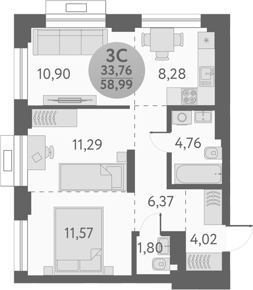 Планировка 3е-к.кв 58.99 м² в ЖК «Урбан Пикс»