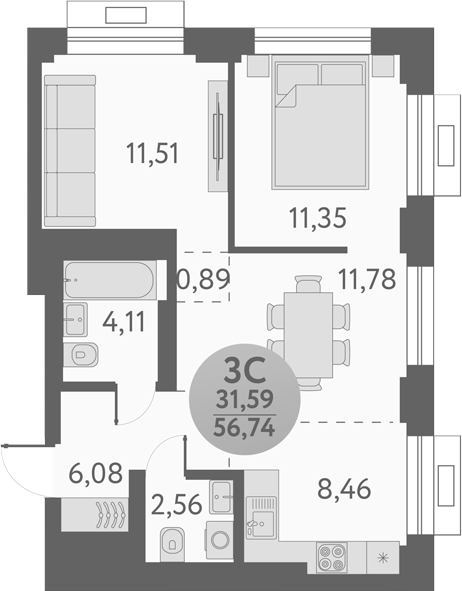 Планировка 3е-к.кв 56.74 м² в ЖК «Урбан Пикс»