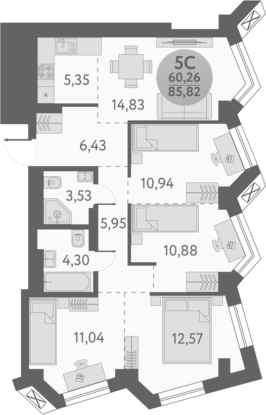 Планировка 5е-к.кв 85.82 м² в ЖК «Урбан Пикс»