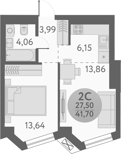 Планировка 2е-к.кв 41.70 м² в ЖК «Урбан Пикс»