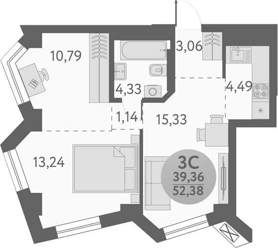Планировка 3е-к. квартира 52.38 м² в ЖК «Урбан Пикс»
