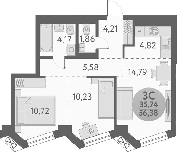 Планировка 3е-к. квартира 56.38 м² в ЖК «Урбан Пикс»
