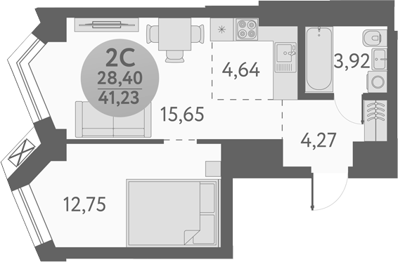Планировка 2е-к. квартира 41.23 м² в ЖК «Урбан Пикс»