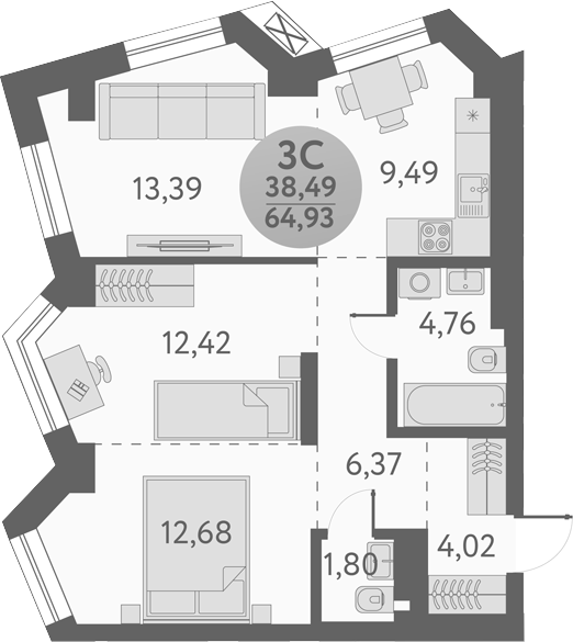 Планировка 3е-к.кв 64.93 м² в ЖК «Урбан Пикс»