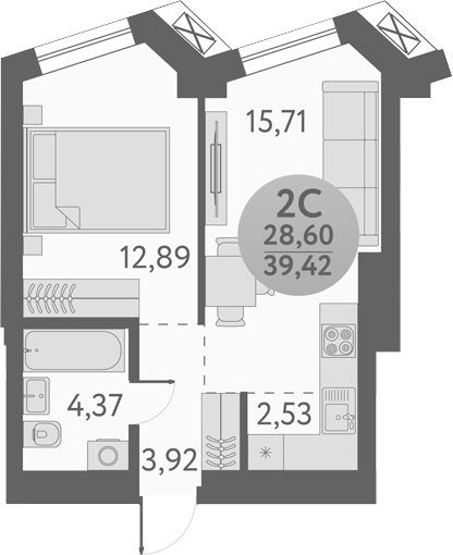 Планировка 2е-к. квартира 39.42 м² в ЖК «Урбан Пикс»
