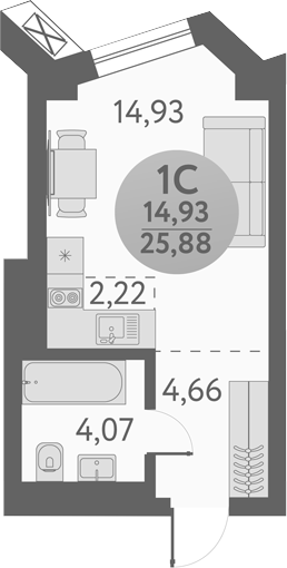 Планировка студии 25.88 м² в ЖК «Урбан Пикс»