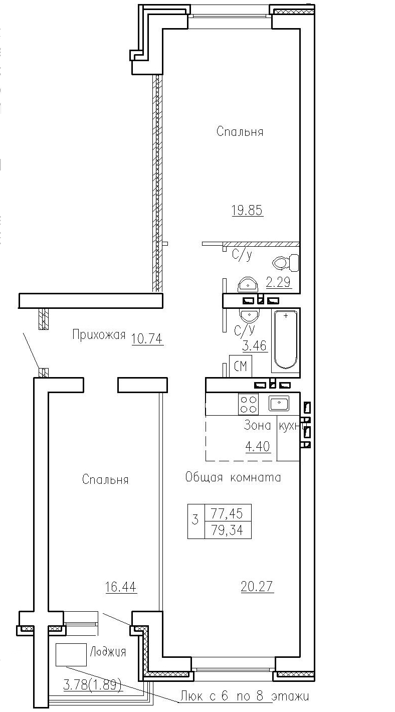 Планировка 3е-к.кв 77.45 м² в ЖК «Фламинго»