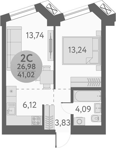 Планировка 2е-к. квартира 41.02 м² в ЖК «Урбан Пикс»