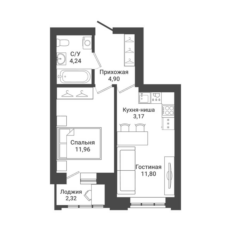 Планировка 2е-к.кв 36.07 м² в ЖК «Державина 50»